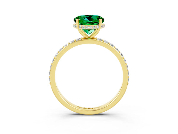 Yellow gold Round Cut Emerald Solitaire Ring with Pavé Band and Hidden Halo