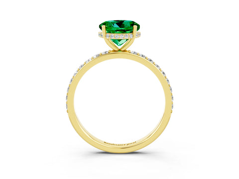 Yellow gold Round Cut Emerald Solitaire Ring with Pavé Band and Hidden Halo_15