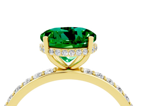 Yellow gold Round Cut Emerald Solitaire Ring with Pavé Band and Hidden Halo_16