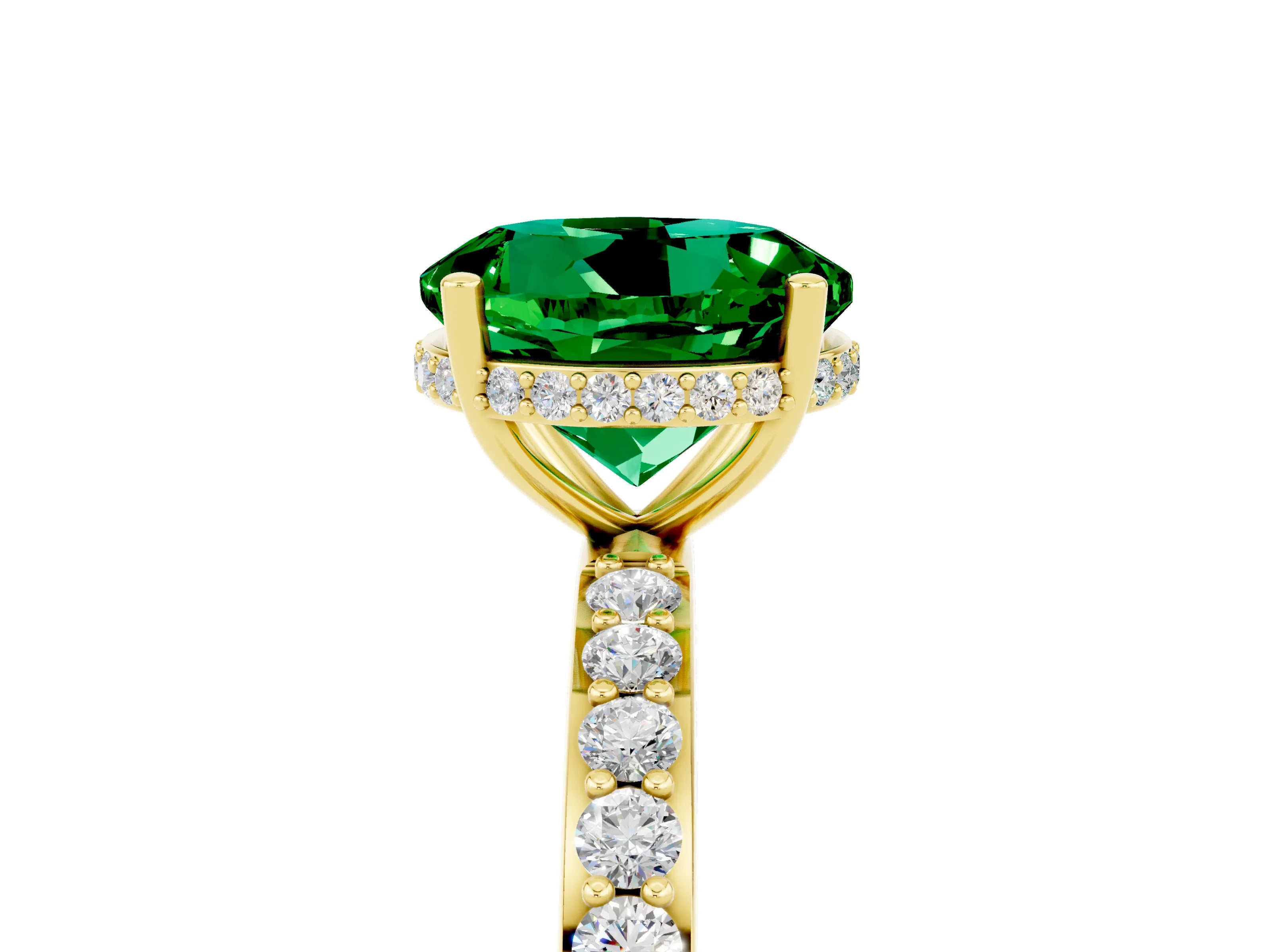 Yellow gold Round Cut Emerald Solitaire Ring with Pavé Band and Hidden Halo_17