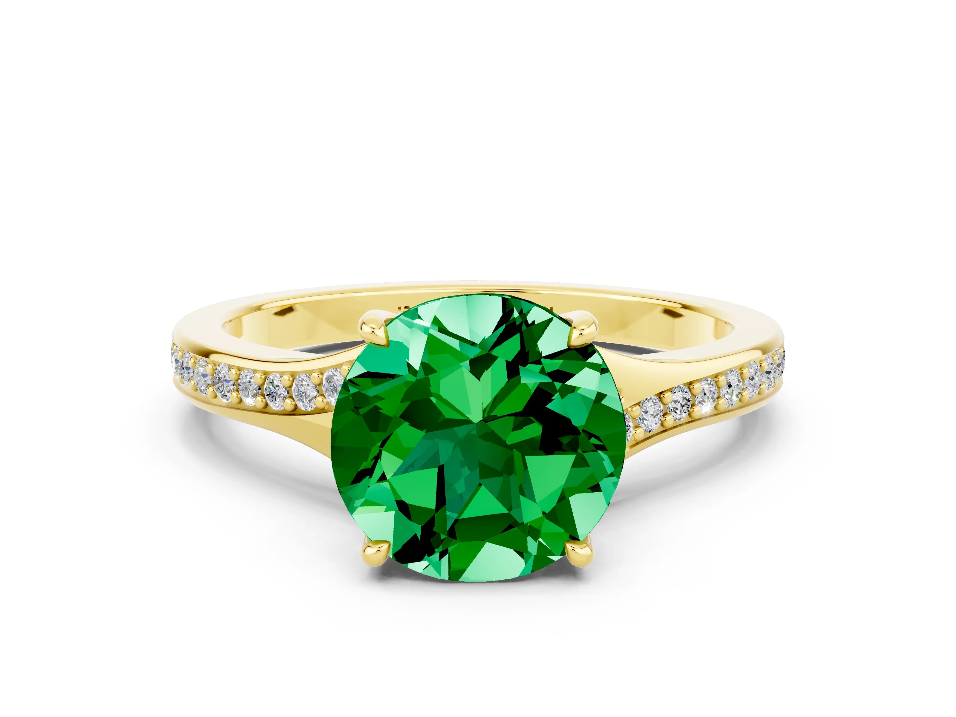 Yellow gold Round Cut Emerald Solitaire Ring with Pavé Band and Prong Setting_12