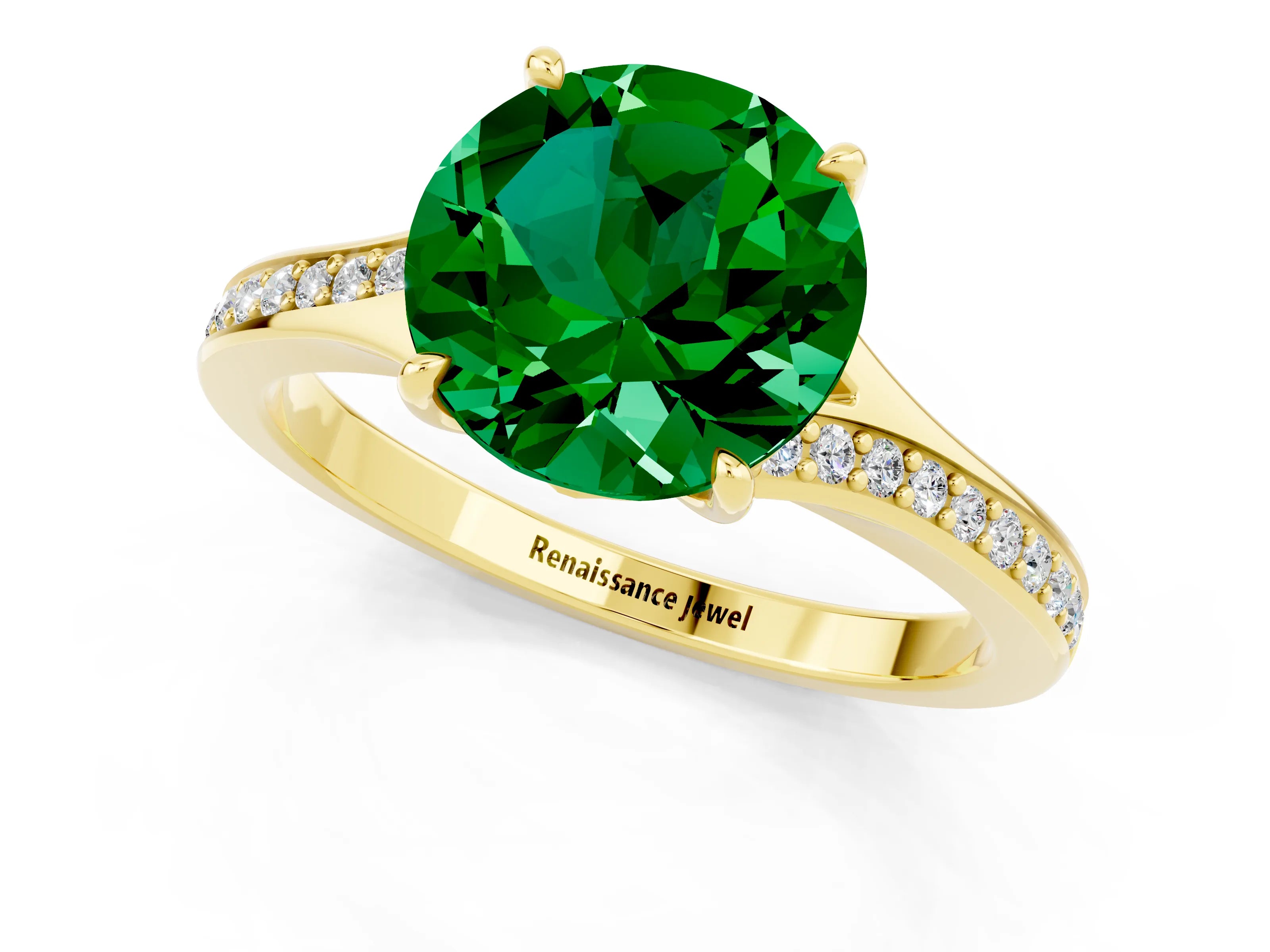 Yellow gold Round Cut Emerald Solitaire Ring with Pavé Band and Prong Setting_13