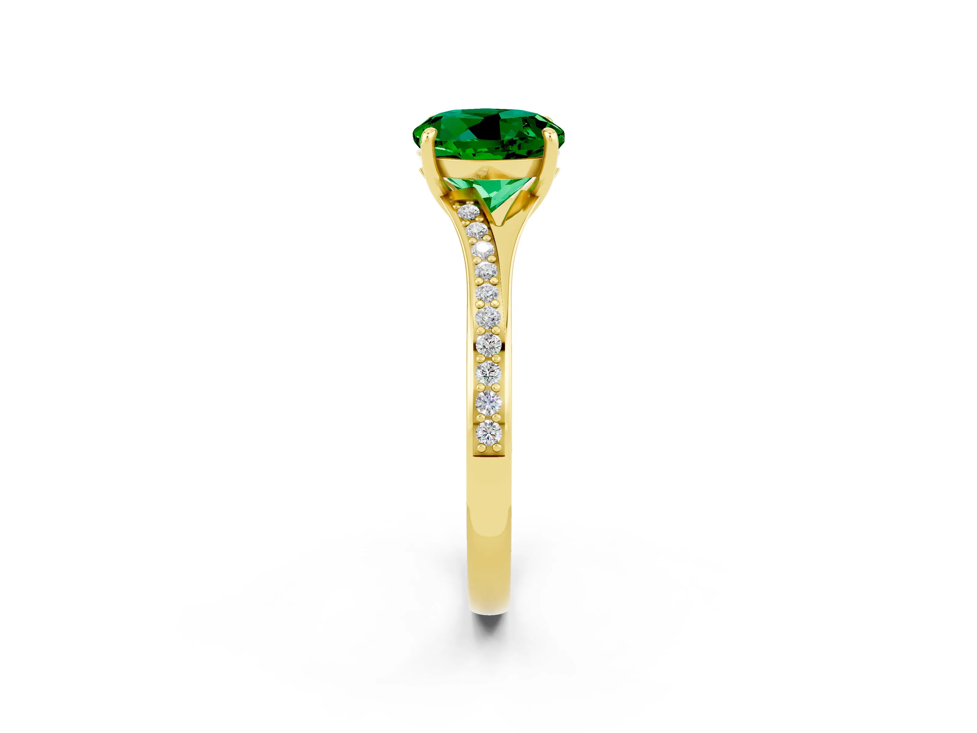 Yellow gold Round Cut Emerald Solitaire Ring with Pavé Band and Prong Setting_14