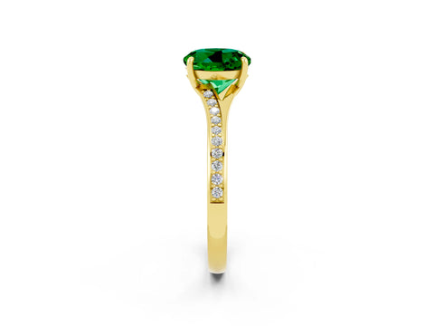 Yellow gold Round Cut Emerald Solitaire Ring with Pavé Band and Prong Setting_14