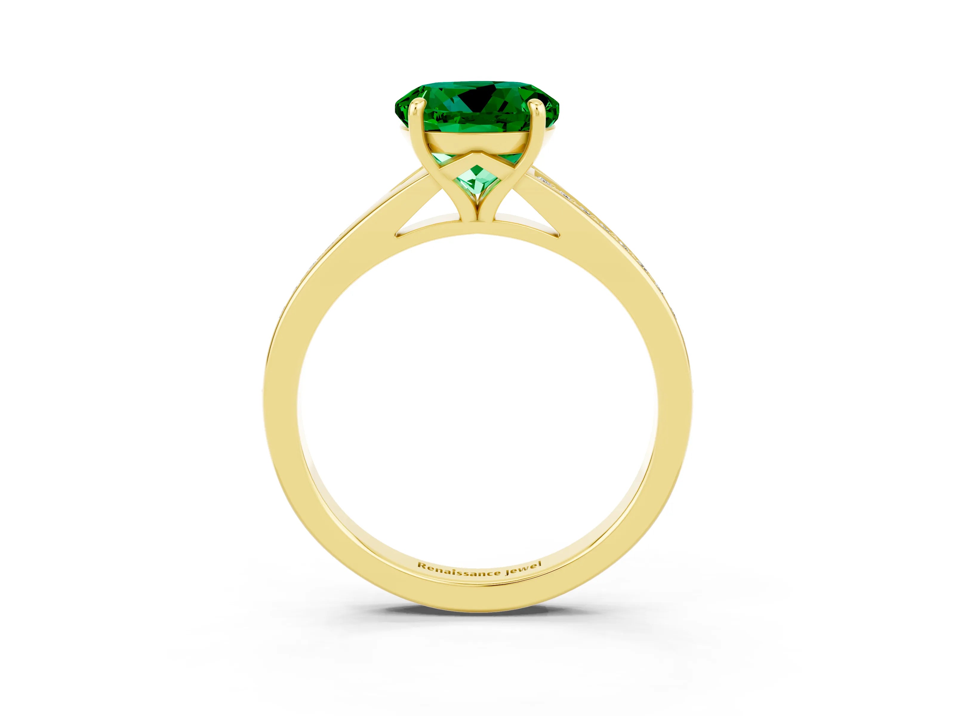Yellow gold Round Cut Emerald Solitaire Ring with Pavé Band and Prong Setting_15