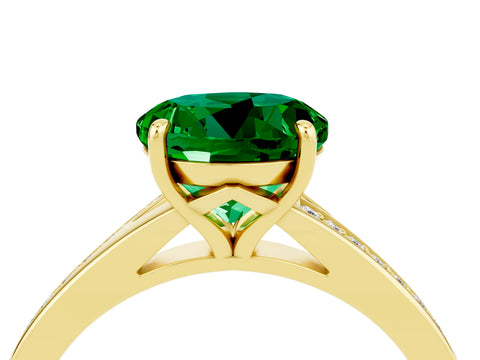 Yellow gold Round Cut Emerald Solitaire Ring with Pavé Band and Prong Setting_16
