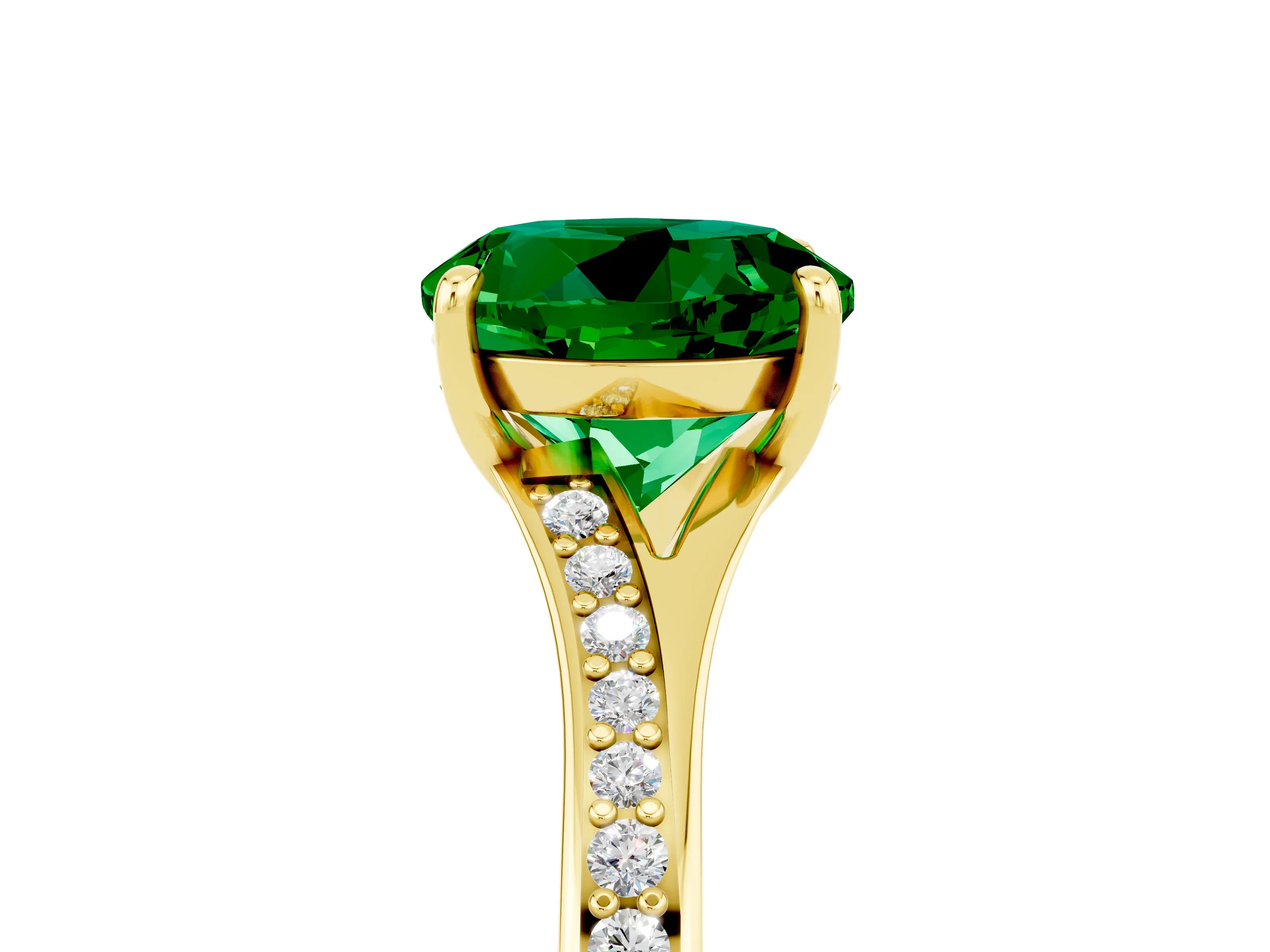 Yellow gold Round Cut Emerald Solitaire Ring with Pavé Band and Prong Setting_17