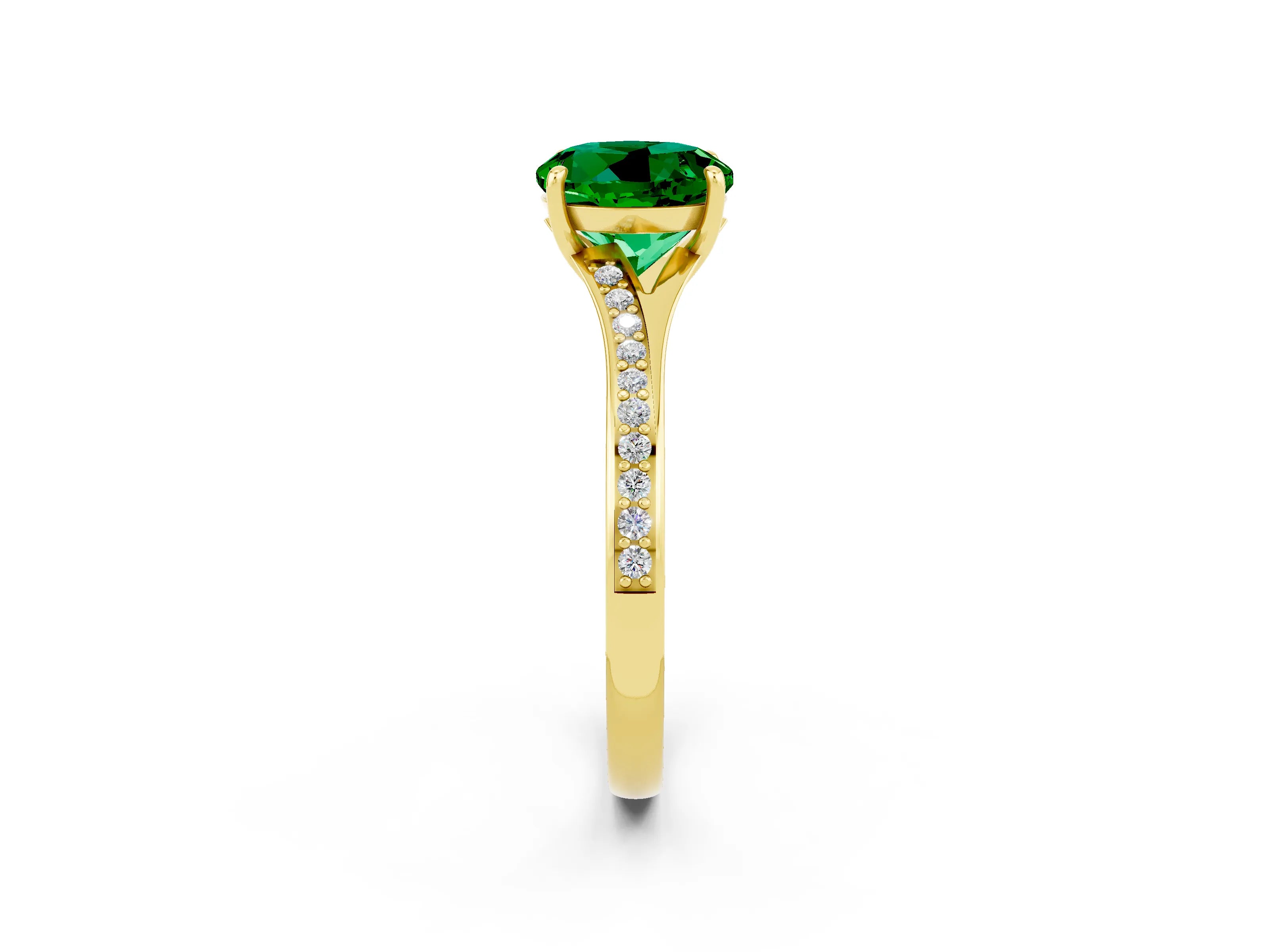Yellow gold Round Cut Emerald Solitaire Ring with Pavé Band and Prong Setting_2