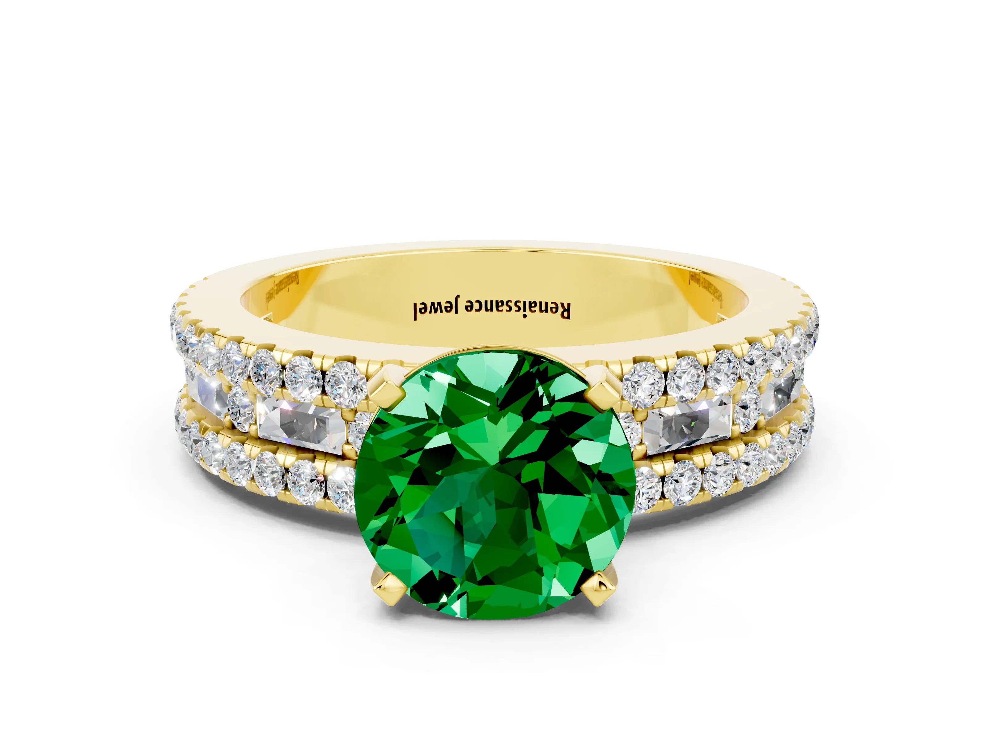 Yellow gold Round Cut Emerald Solitaire Ring with Pavé and Channel Set Band