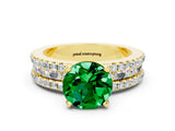 Yellow gold Round Cut Emerald Solitaire Ring with Pavé and Channel Set Band