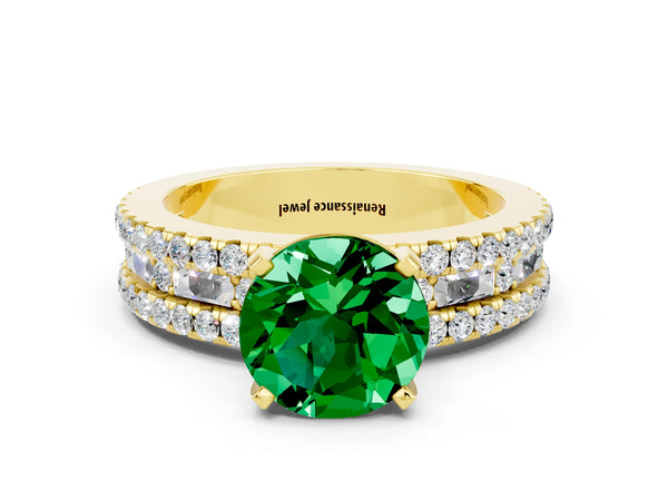 Yellow gold Round Cut Emerald Solitaire Ring with Pavé and Channel Set Band