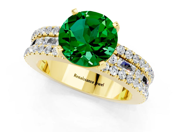 Yellow gold Round Cut Emerald Solitaire Ring with Pavé and Channel Set Band