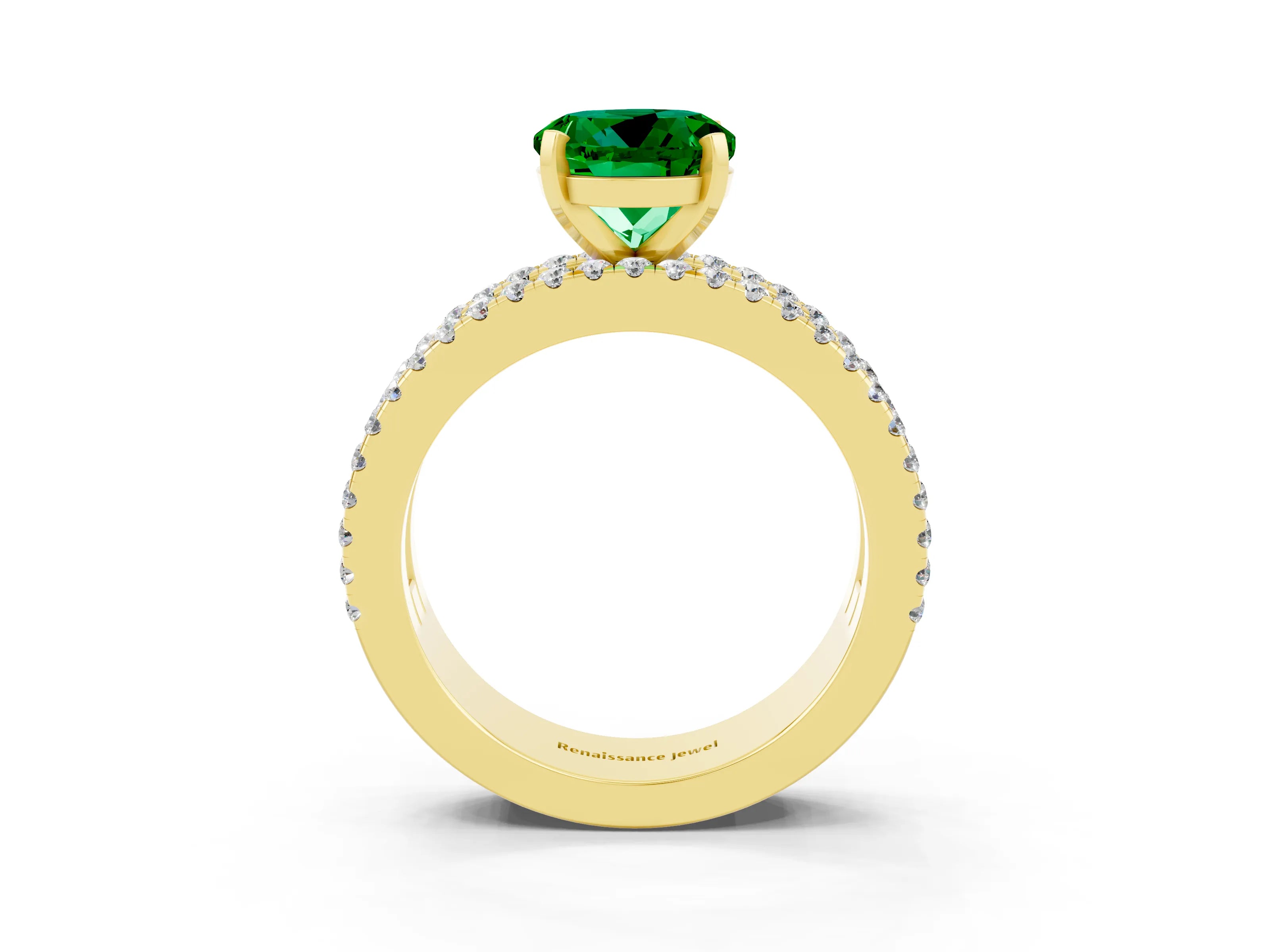 Yellow gold Round Cut Emerald Solitaire Ring with Pavé and Channel Set Band_3