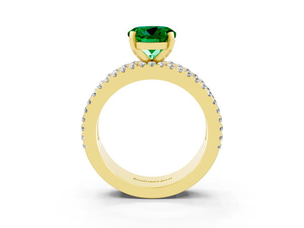 Yellow gold Round Cut Emerald Solitaire Ring with Pavé and Channel Set Band