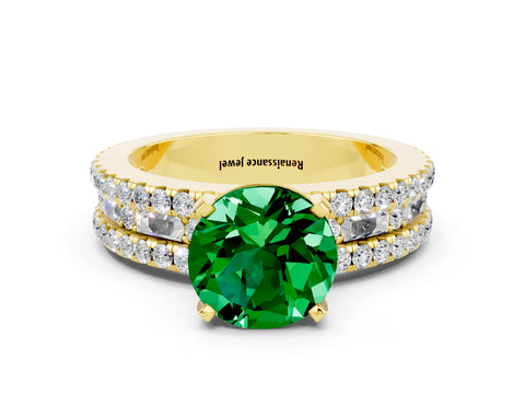 Yellow gold Round Cut Emerald Solitaire Ring with Pavé and Channel Set Band