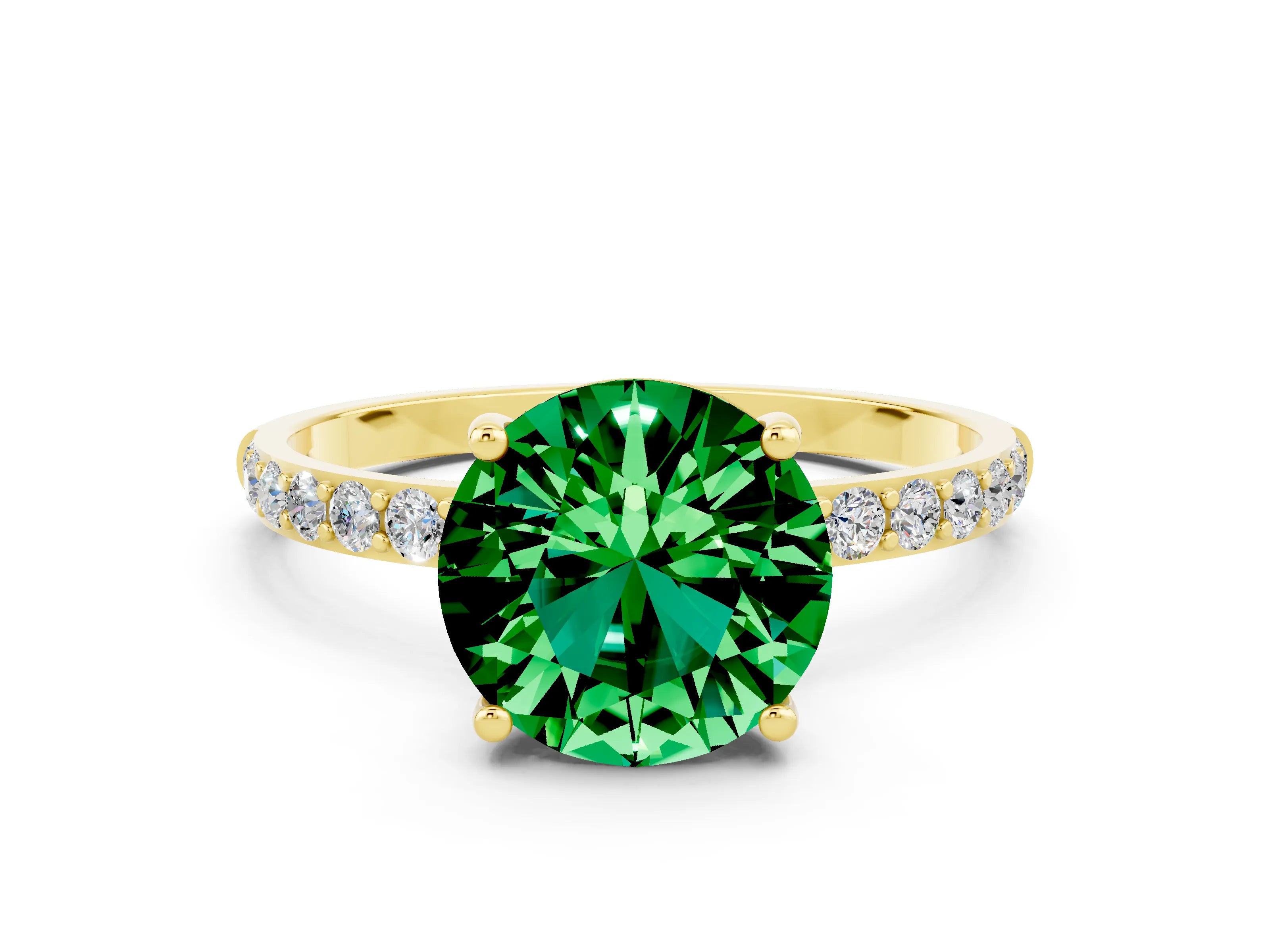 Yellow gold Round Cut Emerald Solitaire Ring with Pave Band and Four Prong Setting_12
