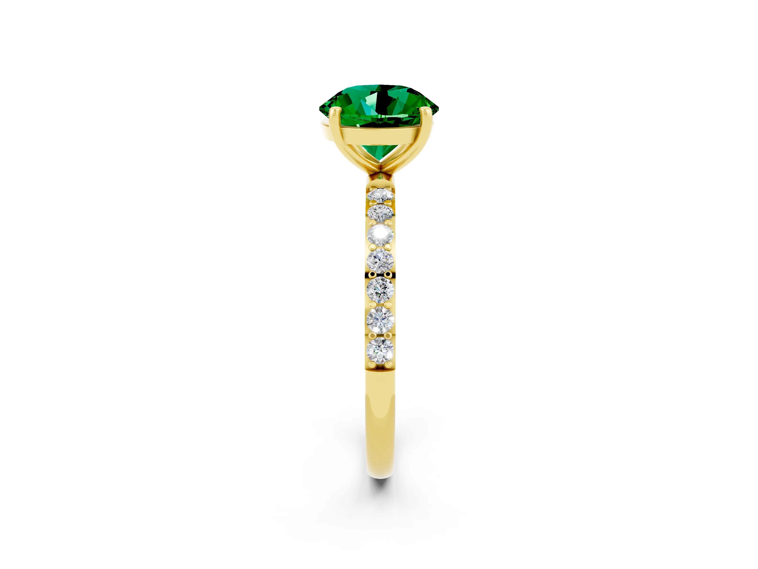 Yellow gold Round Cut Emerald Solitaire Ring with Pave Band and Four Prong Setting_14