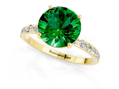 Yellow gold Round Cut Emerald Solitaire Ring with Pave Band and Four Prong Setting_25