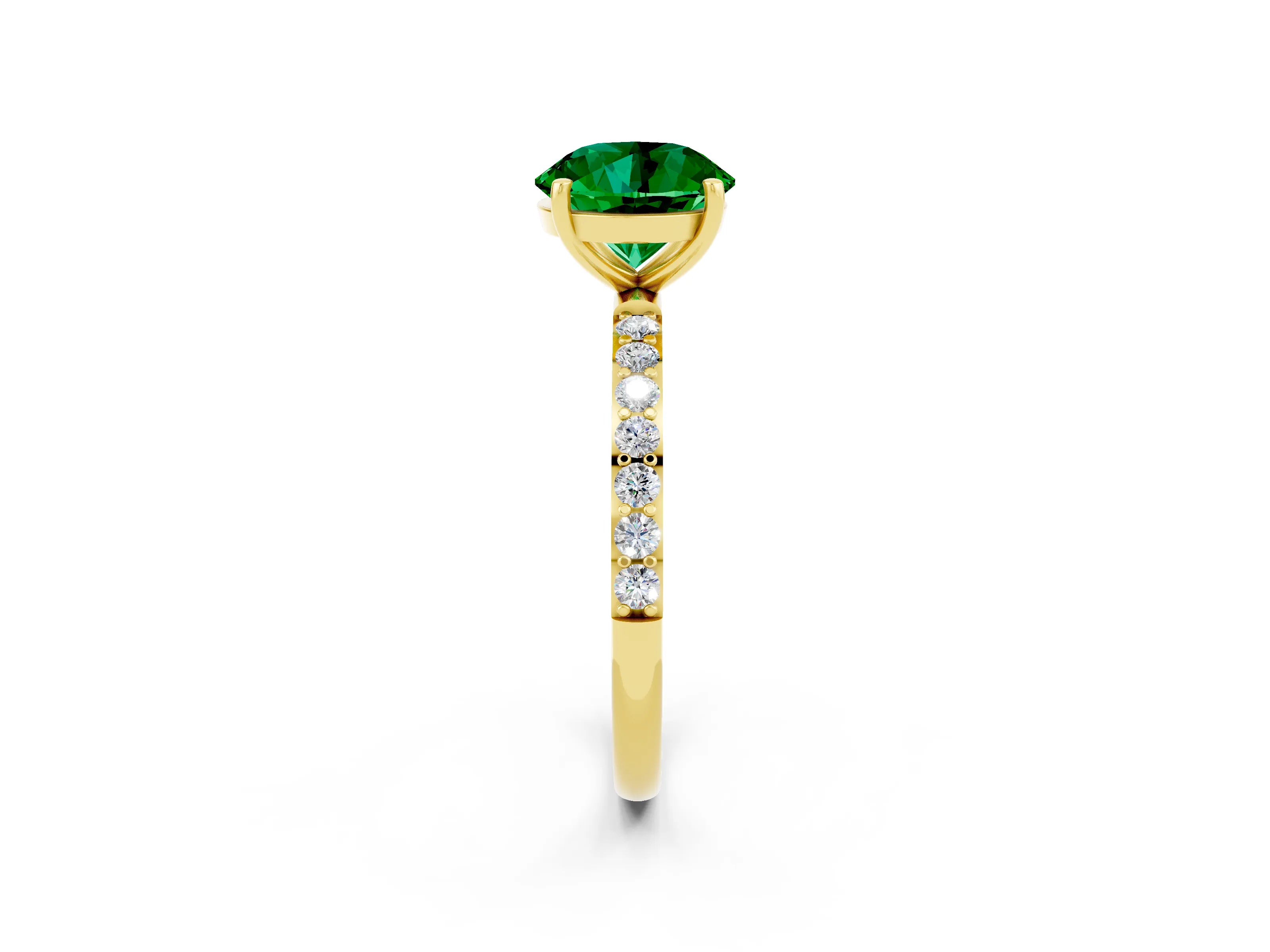 Yellow gold Round Cut Emerald Solitaire Ring with Pave Band and Four Prong Setting_26