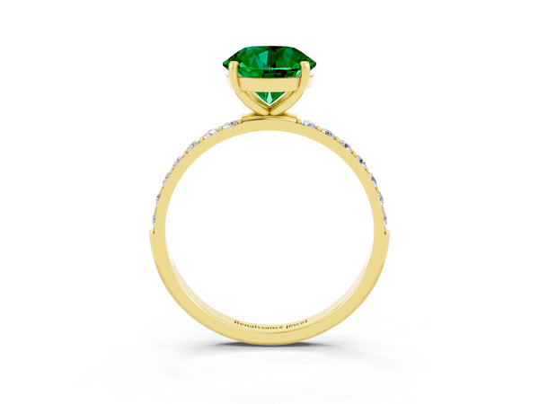 Yellow gold Round Cut Emerald Solitaire Ring with Round  Pavé Band and Prong Setting