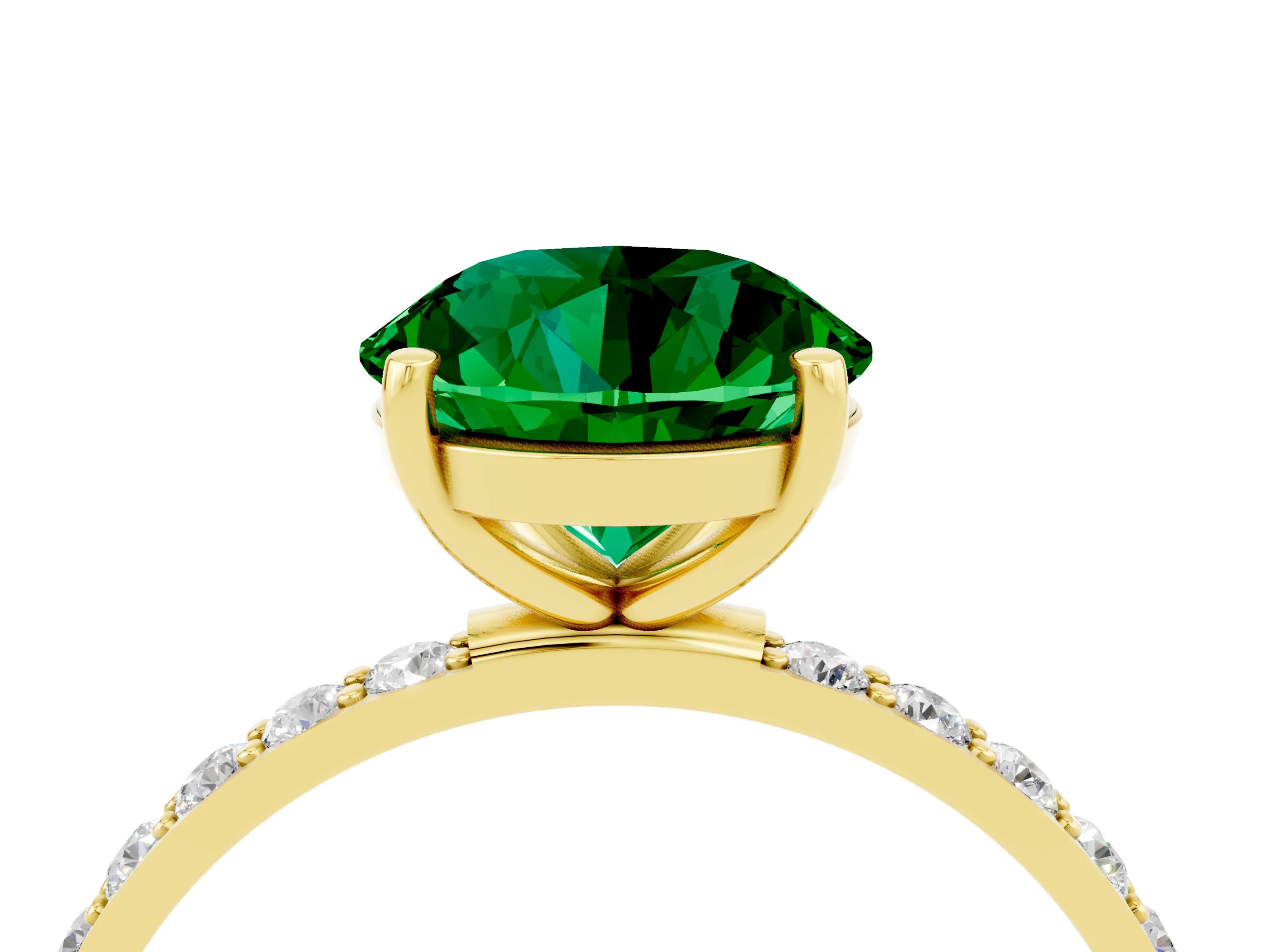 Yellow gold Round Cut Emerald Solitaire Ring with Pave Band and Four Prong Setting_28