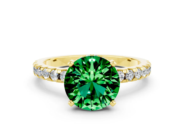 Yellow gold Round Cut Emerald Solitaire Ring with Round  Pavé Band and Four-Prong Setting