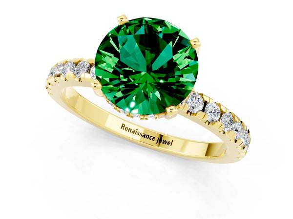 Yellow gold Round Cut Emerald Solitaire Ring with Round  Pavé Band and Four-Prong Setting