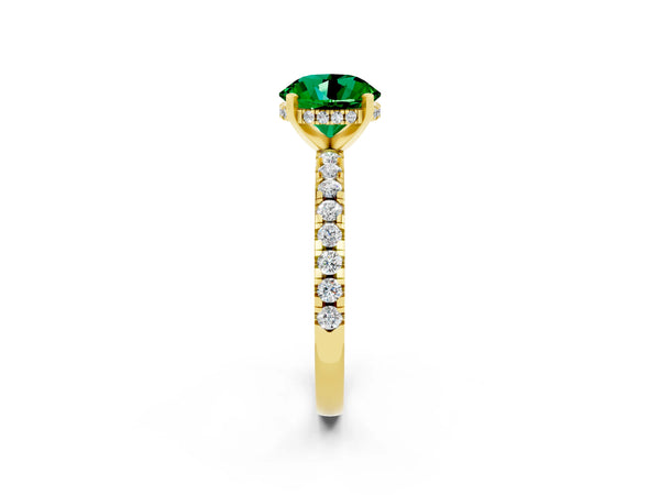 Yellow gold Round Cut Emerald Solitaire Ring with Round  Pavé Band and Four-Prong Setting