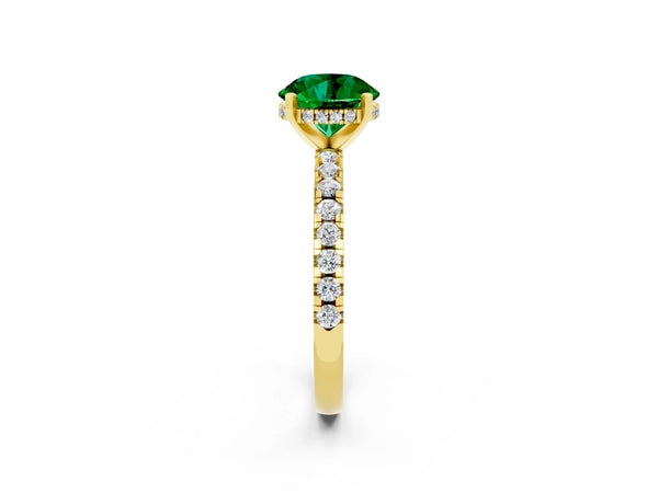 Yellow Gold Round Lab-Grown Emerald Hidden Halo Engagement Ring with Pave Band