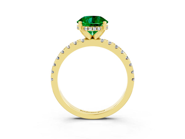 Yellow Gold Round Lab-Grown Emerald Hidden Halo Engagement Ring with Pave Band