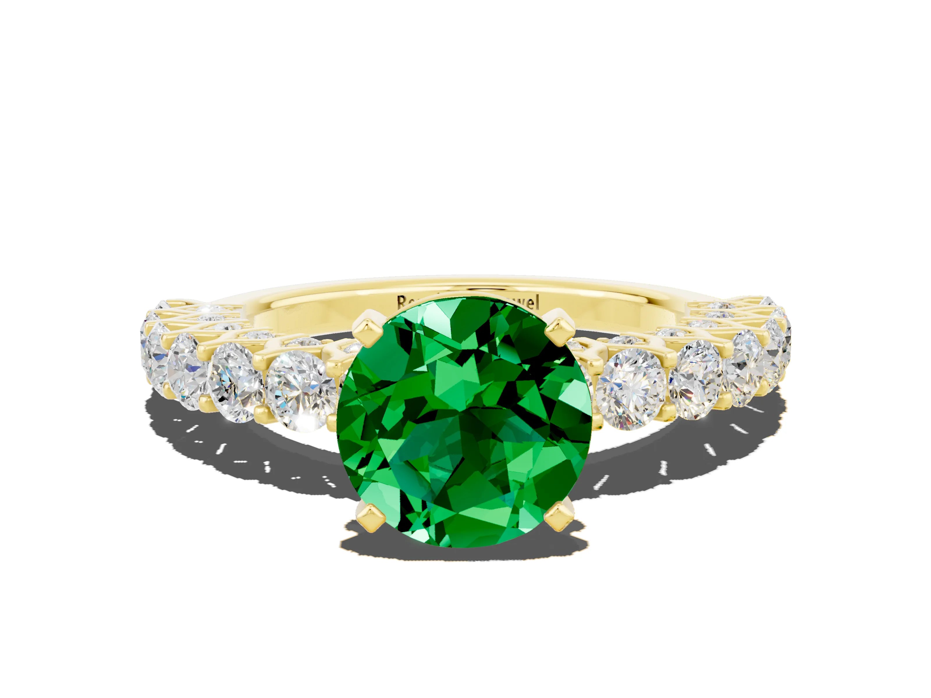 Yellow gold Round Cut Emerald Solitaire Ring with Shared Prong Pavé Band and Four-Prong Setting