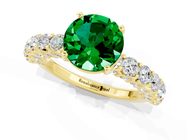 Yellow gold Round Cut Emerald Solitaire Ring with Shared Prong Pavé Band and Four-Prong Setting