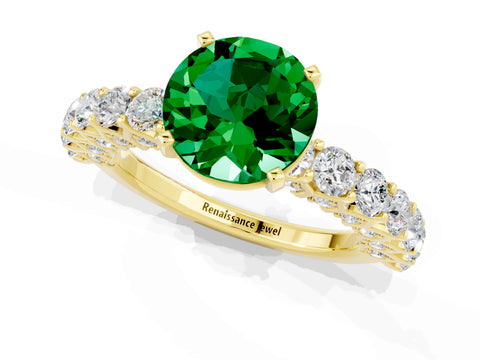 Yellow gold Round Cut Emerald Solitaire Ring with Shared Prong Pavé Band and Four-Prong Setting_1
