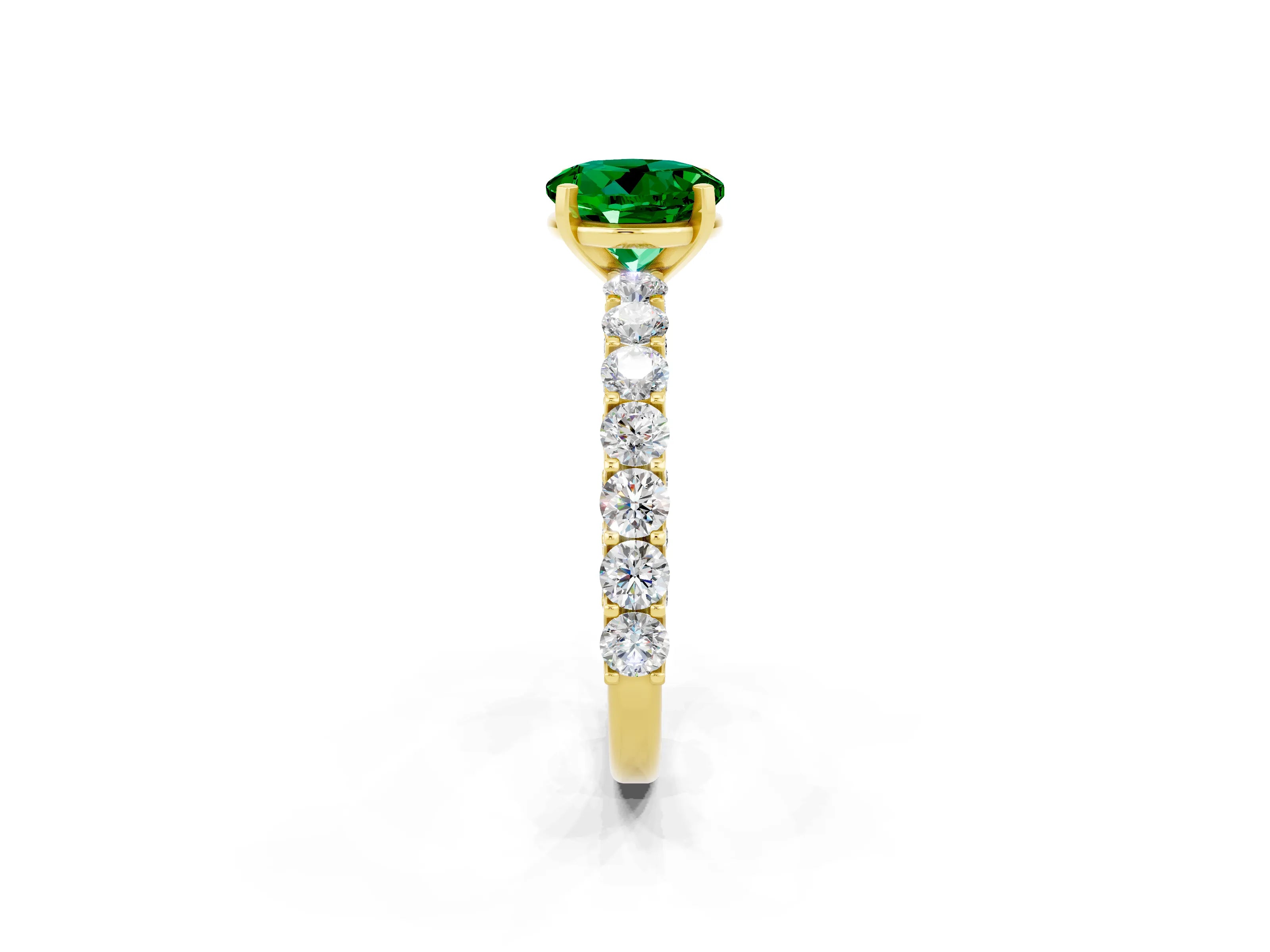 Yellow gold Round Cut Emerald Solitaire Ring with Shared Prong Pavé Band and Four-Prong Setting_2