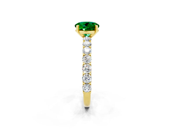 Yellow gold Round Cut Emerald Solitaire Ring with Shared Prong Pavé Band and Four-Prong Setting