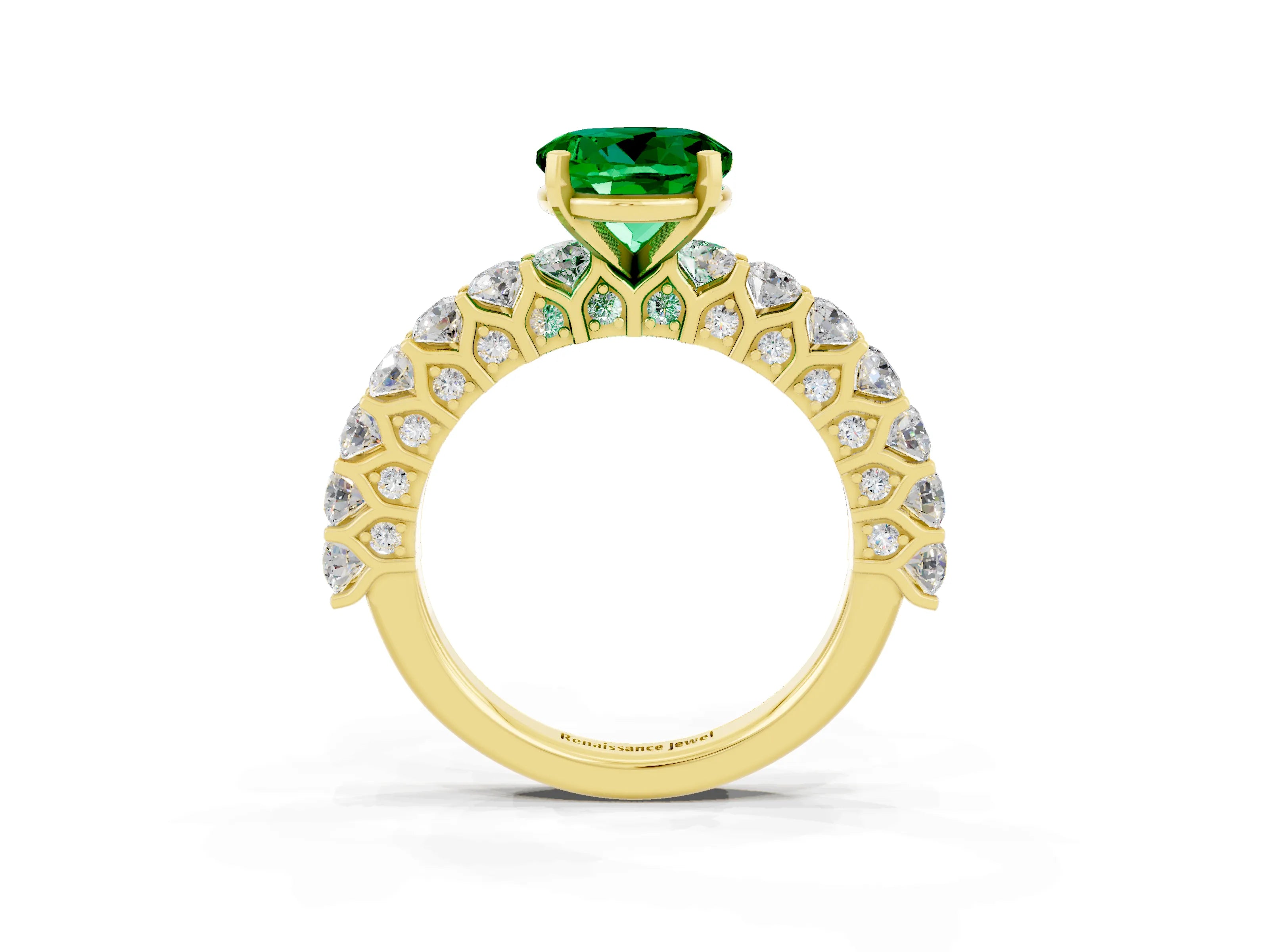 Yellow gold Round Cut Emerald Solitaire Ring with Shared Prong Pavé Band and Four-Prong Setting_3