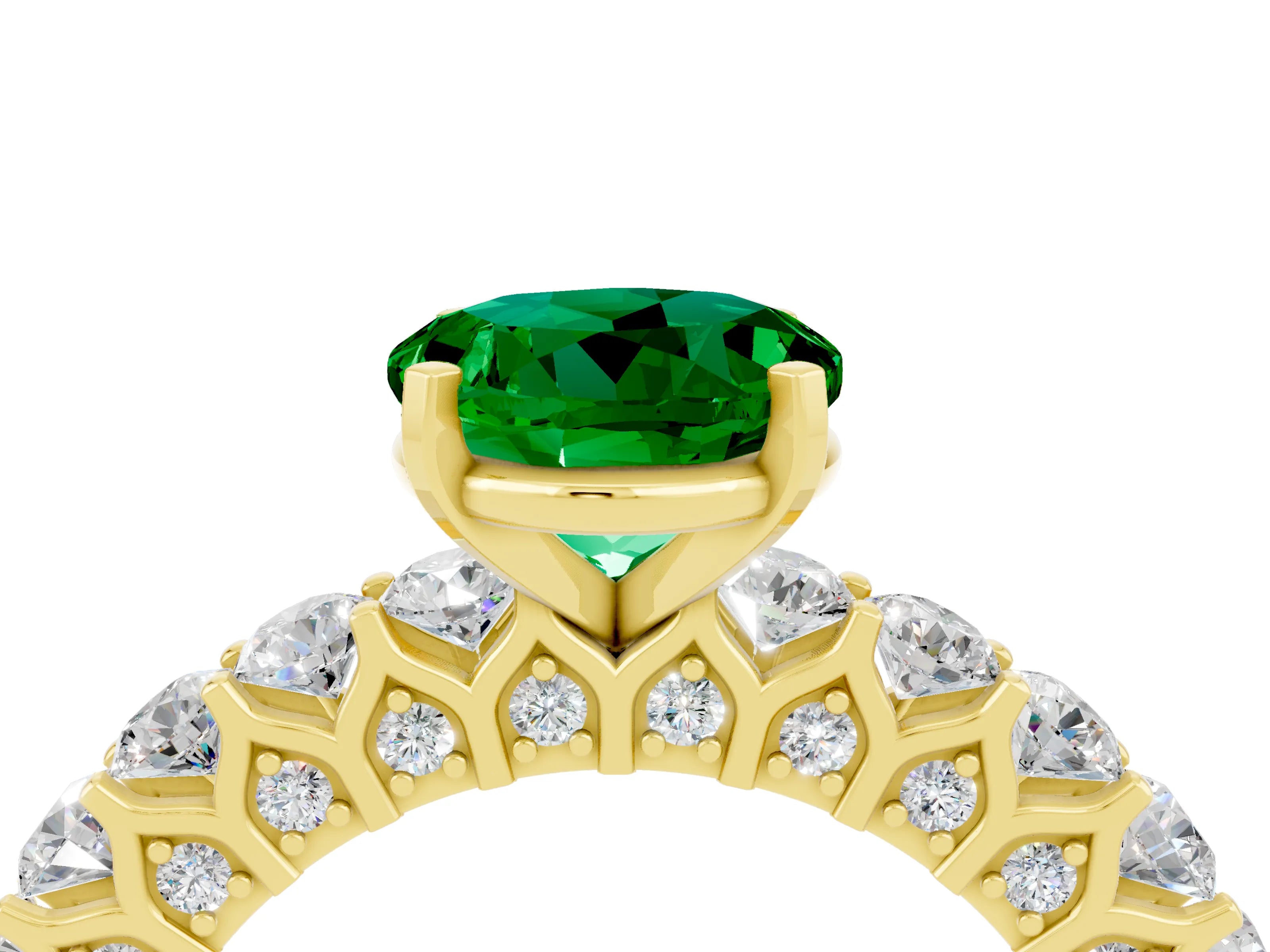 Yellow gold Round Cut Emerald Solitaire Ring with Shared Prong Pavé Band and Four-Prong Setting_4