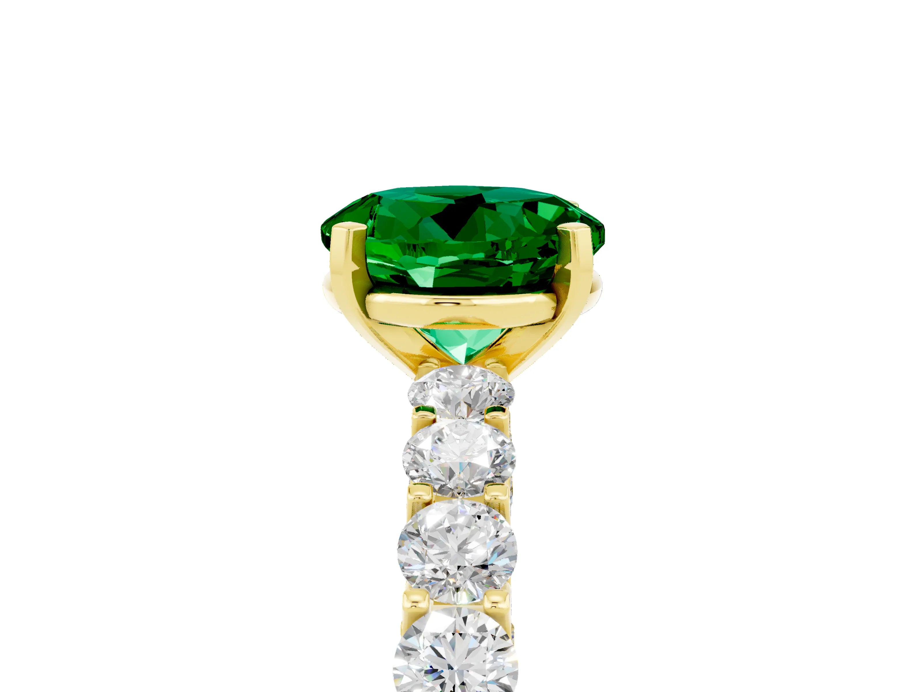 Yellow gold Round Cut Emerald Solitaire Ring with Shared Prong Pavé Band and Four-Prong Setting_5
