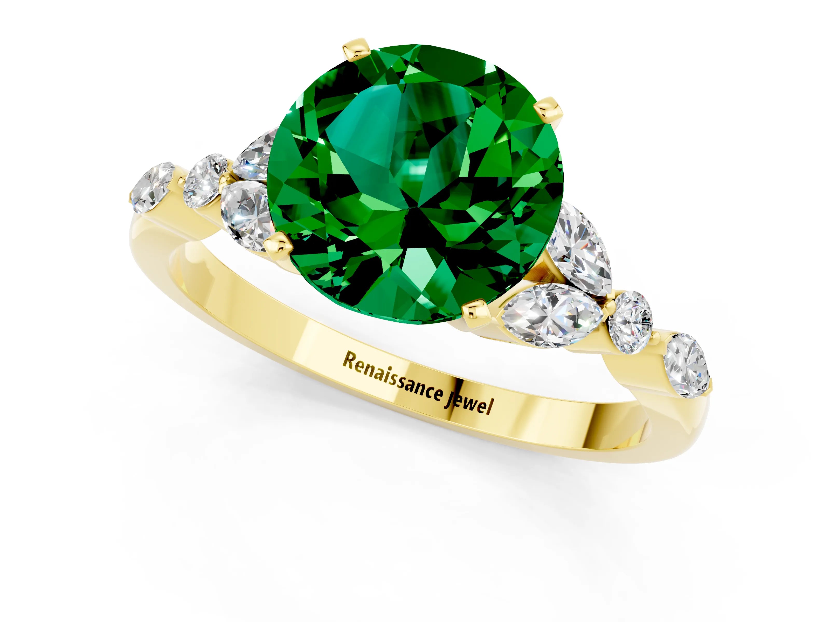 Yellow gold Round Cut Emerald Solitaire Ring with Side Stones and Four-Prong Setting_13