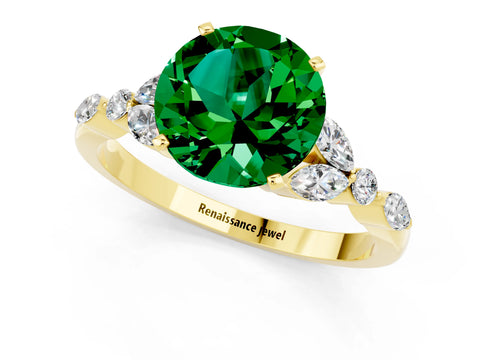 Yellow gold Round Cut Emerald Solitaire Ring with Side Stones and Four-Prong Setting_13
