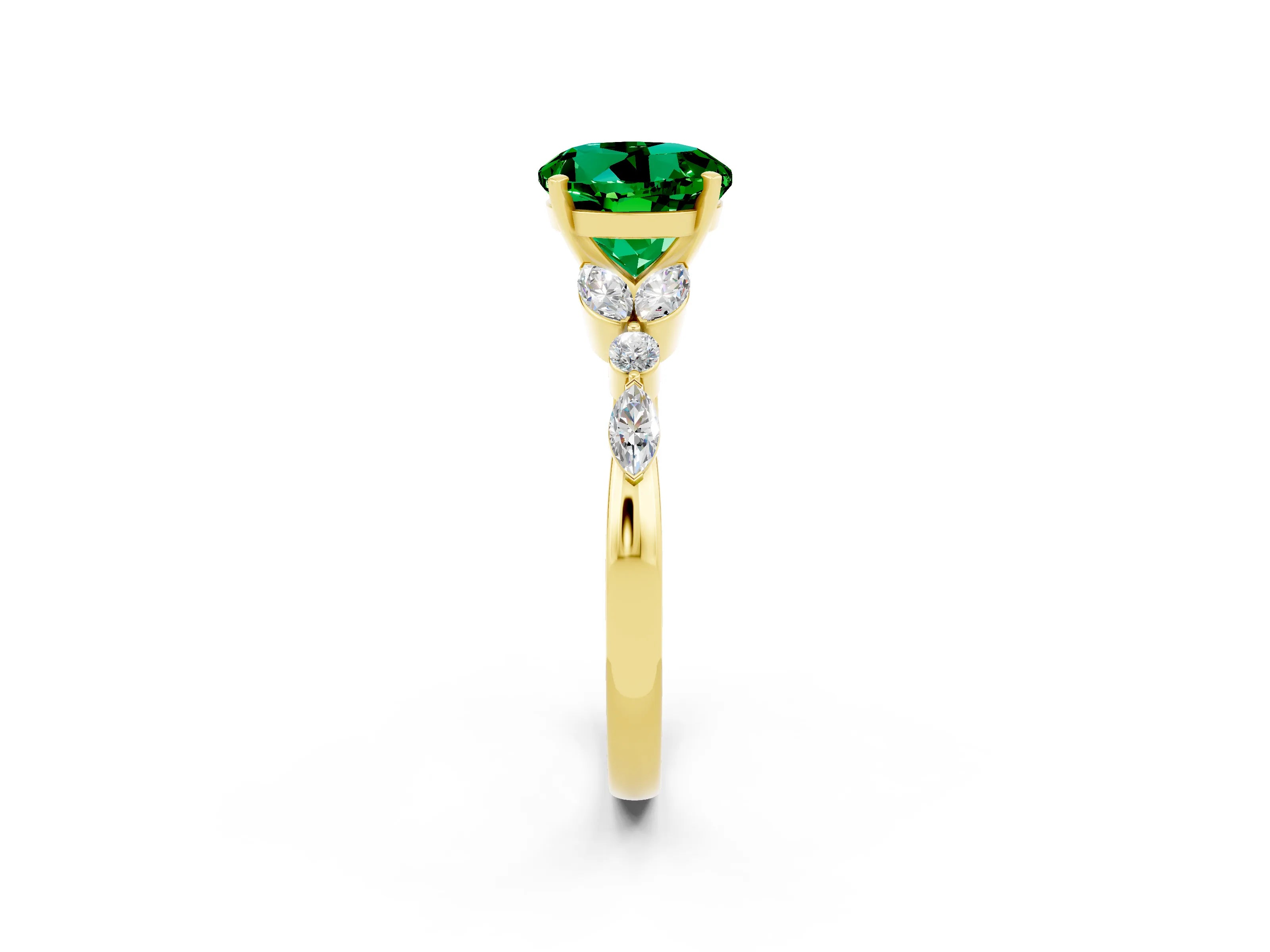 Yellow gold Round Cut Emerald Solitaire Ring with Side Stones and Four-Prong Setting_14