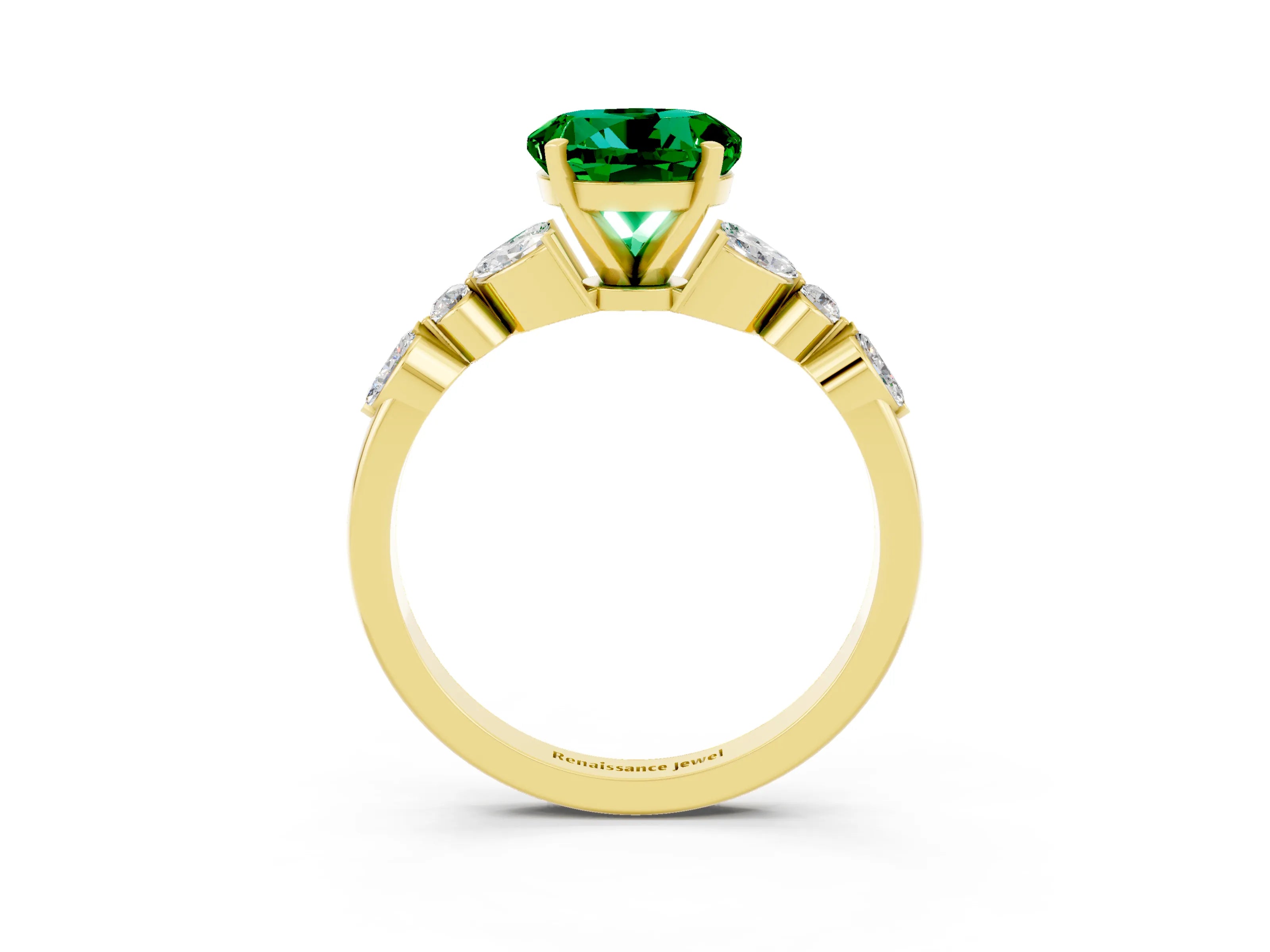 Yellow gold Round Cut Emerald Solitaire Ring with Side Stones and Four-Prong Setting_15