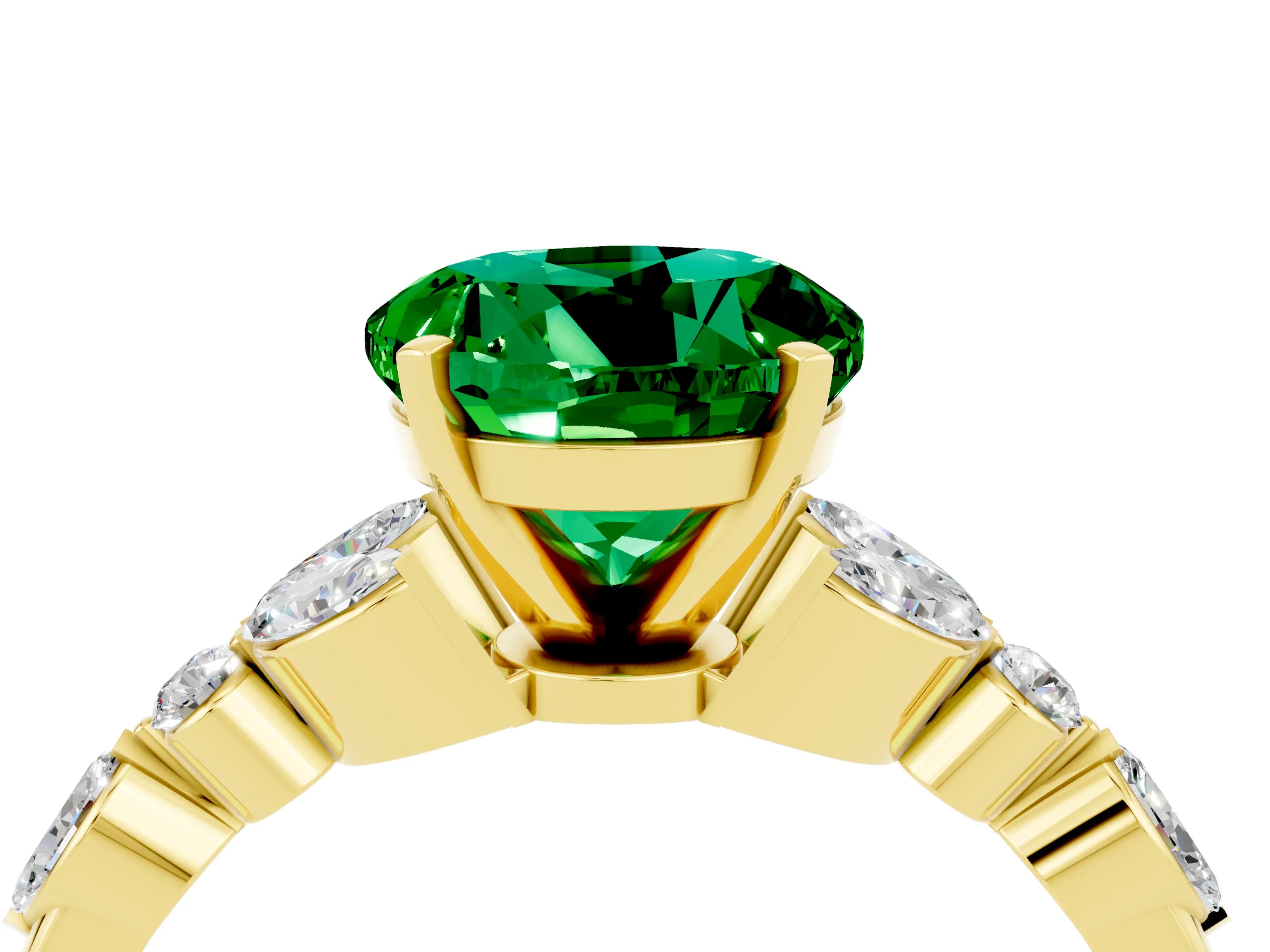 Yellow gold Round Cut Emerald Solitaire Ring with Side Stones and Four-Prong Setting_16