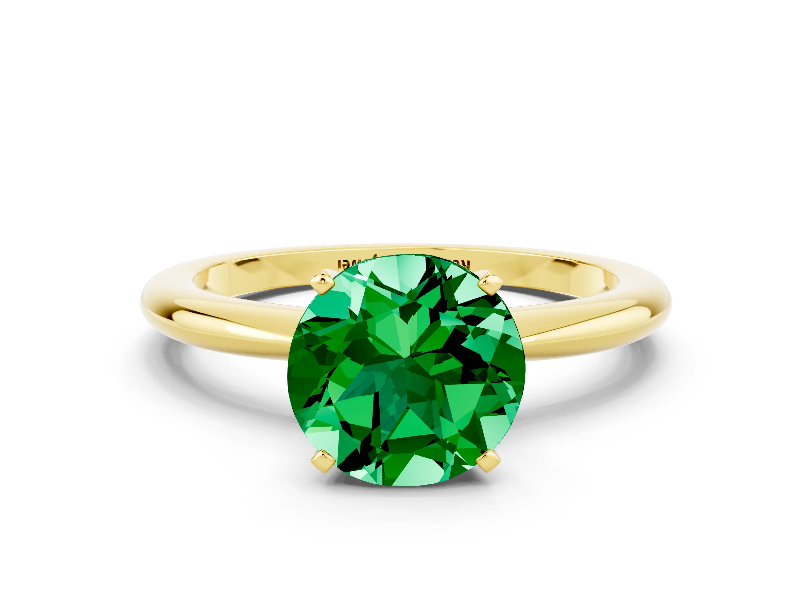 Yellow gold Round Cut Emerald Solitaire Ring with Six-Prong Setting and Classic Band