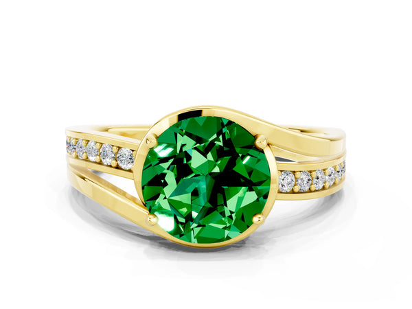 Yellow gold Round Cut Emerald Solitaire Ring with Split Shank and Prong Setting