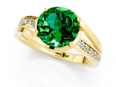 Yellow gold Round Cut Emerald Solitaire Ring with Split Shank and Prong Setting_1