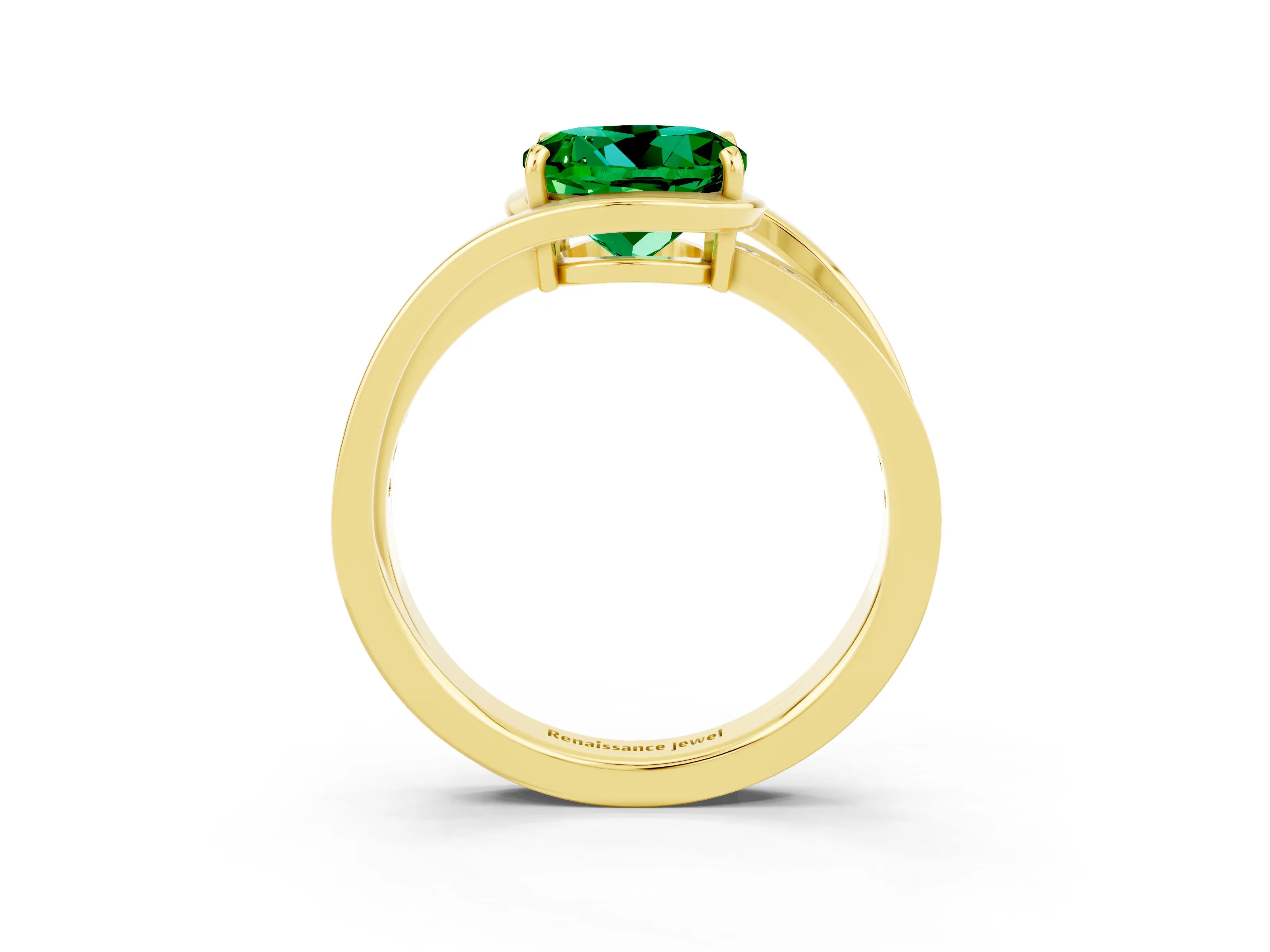 Yellow gold Round Cut Emerald Solitaire Ring with Split Shank and Prong Setting_3