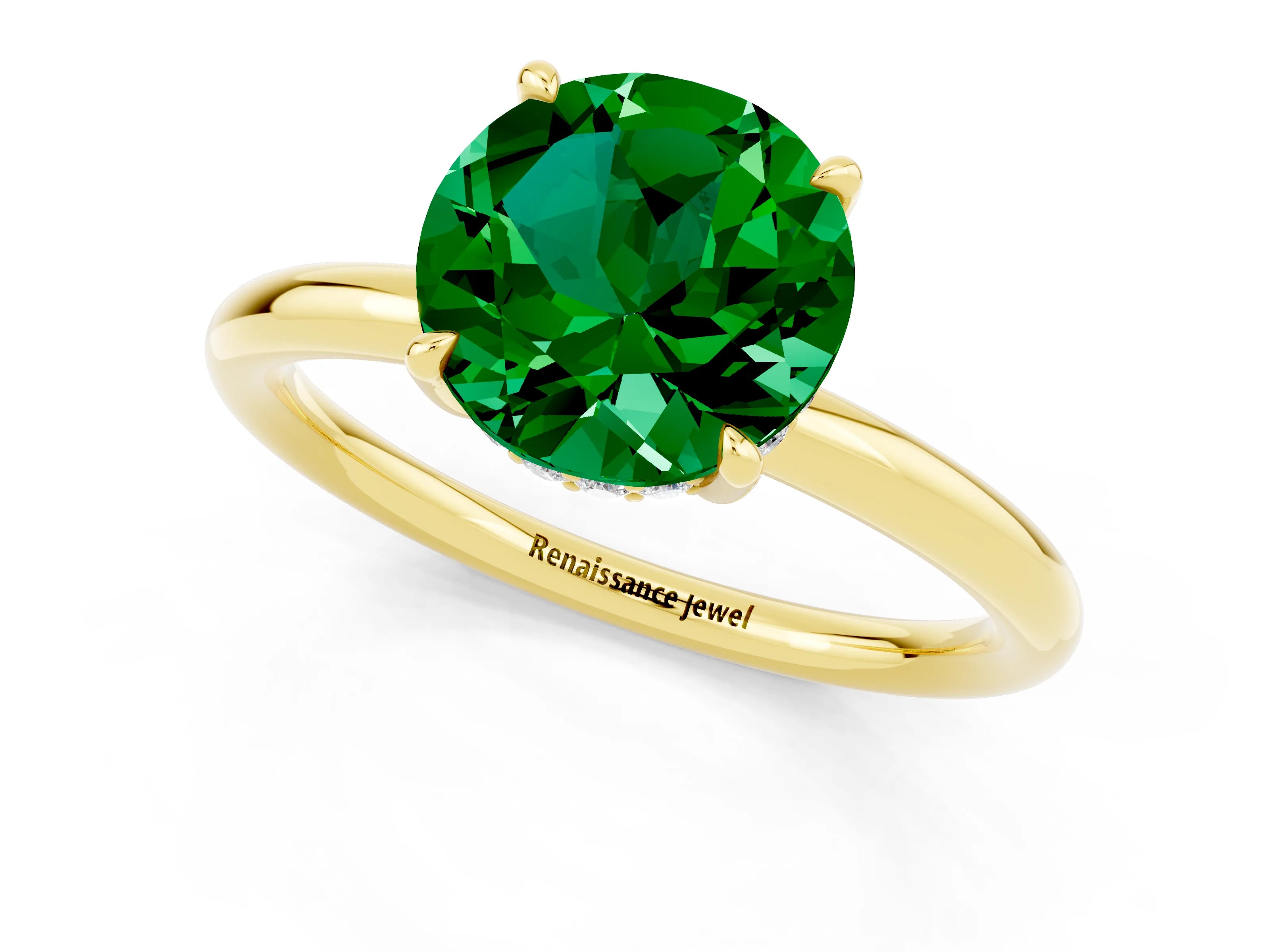 Yellow gold Round Cut Emerald Solitaire Ring with Thin Band and Four-Prong Setting_13