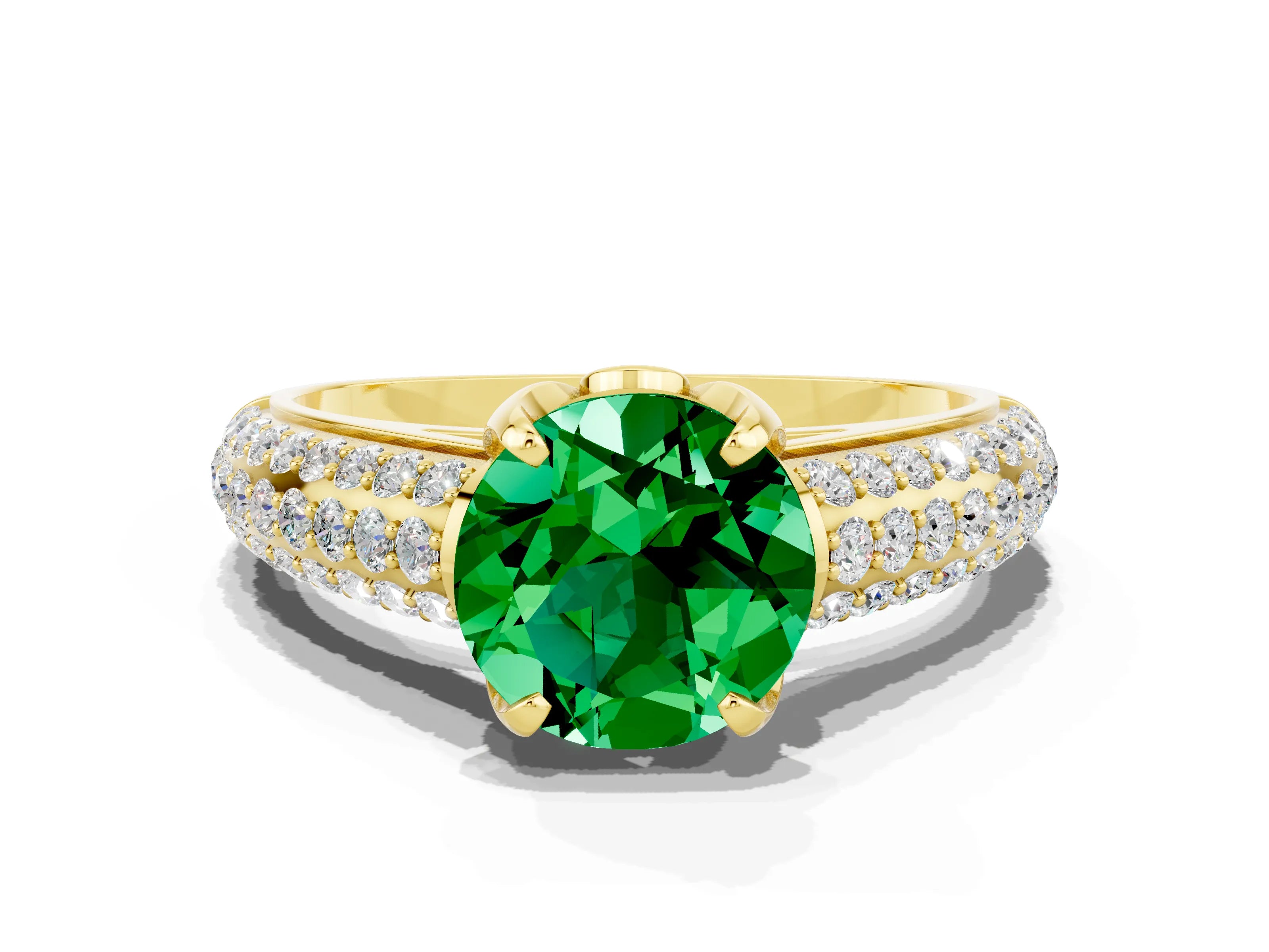 Yellow gold Round Cut Emerald Solitaire Ring with Three-Row Pavé Band and Four-Prong Setting_12