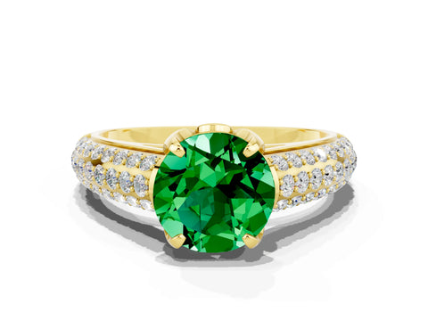 Yellow gold Round Cut Emerald Solitaire Ring with Three-Row Pavé Band and Four-Prong Setting_12